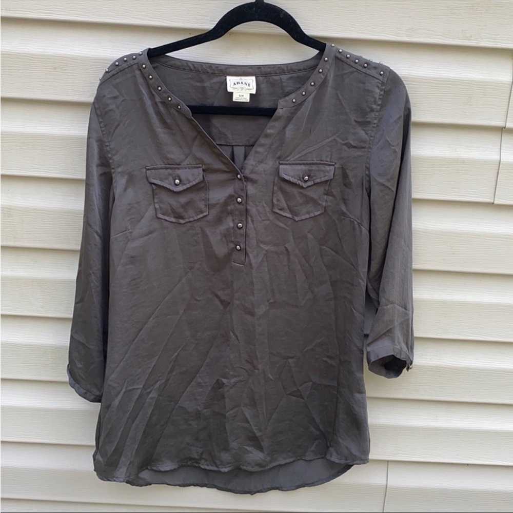 Ariat Womens Gray V-Neck Studded Pullover Blouse Western Top S 10015619